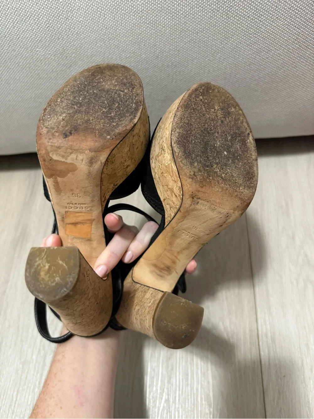 Gucci Black Suede Cork Platform Slingback Heels
